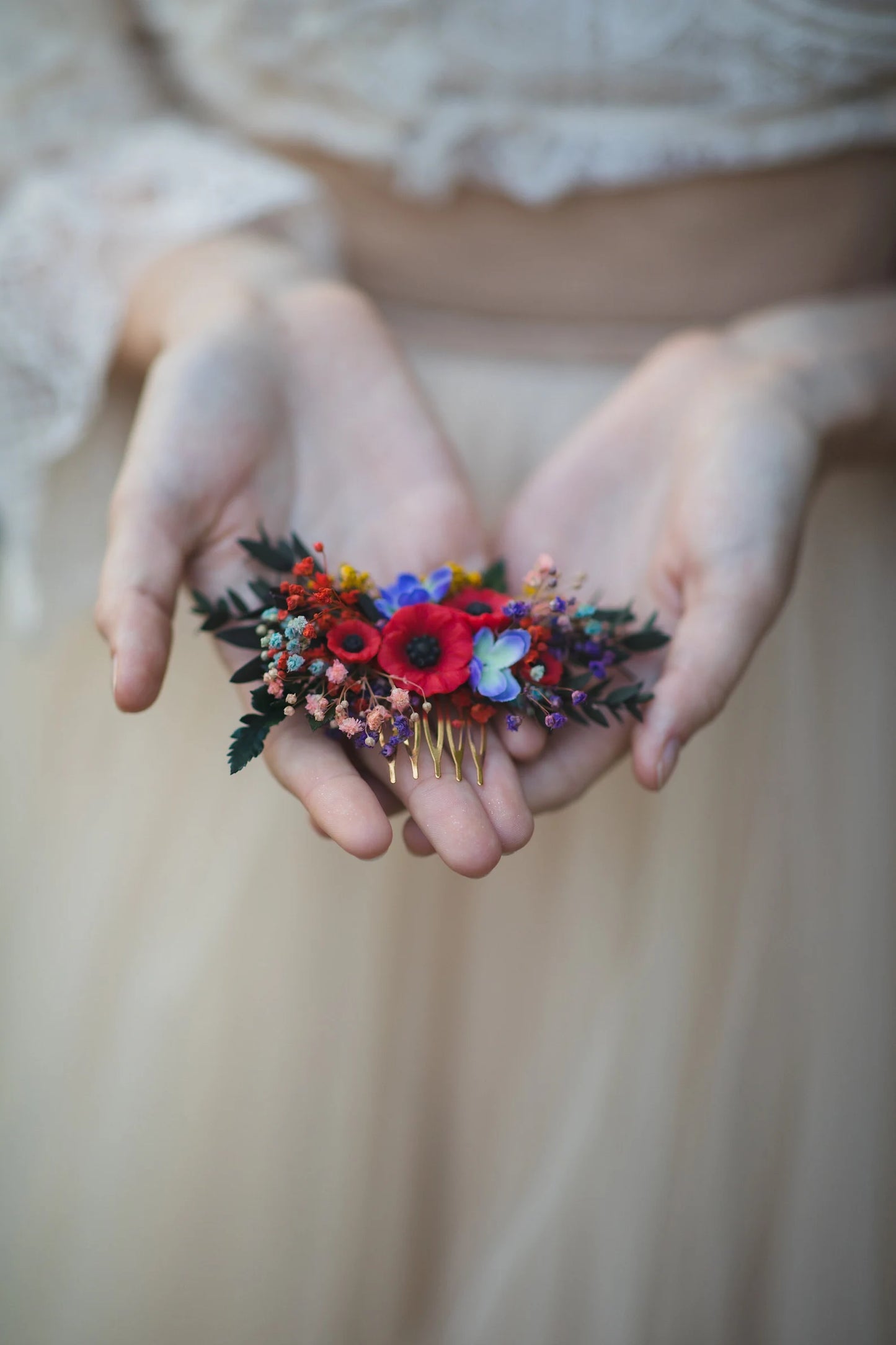 Small folk wedding flower comb Bride to be Poppy flowers bridal comb Slavic wedding Wedding accessories Hair flowers Magaela Colourful comb