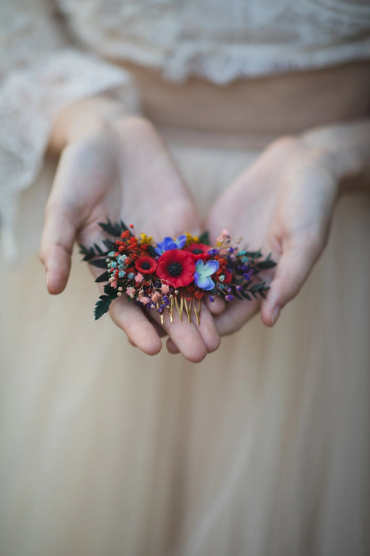 Small folk wedding flower comb Bride to be Poppy flowers bridal comb Slavic wedding Wedding accessories Hair flowers Magaela Colourful comb